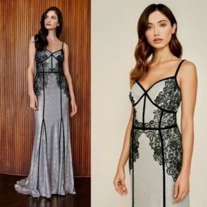 Tadashi Shoji Elegant Silver and Black Lace Sequin Evening Gown Sz 6